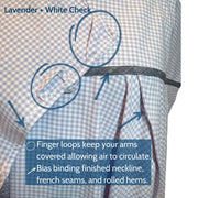Close-up of Lavender Check Sun Protection Shoulder Wrap showing finger loops for arm coverage and bias binding with French seams and rolled hems.