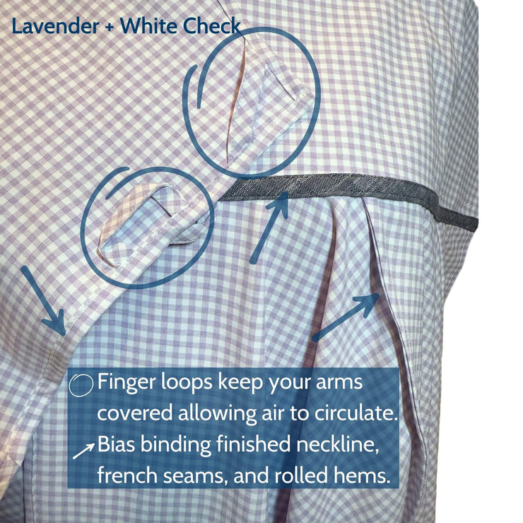 Close-up of Lavender Check Sun Protection Shoulder Wrap showing finger loops for arm coverage and bias binding with French seams and rolled hems.