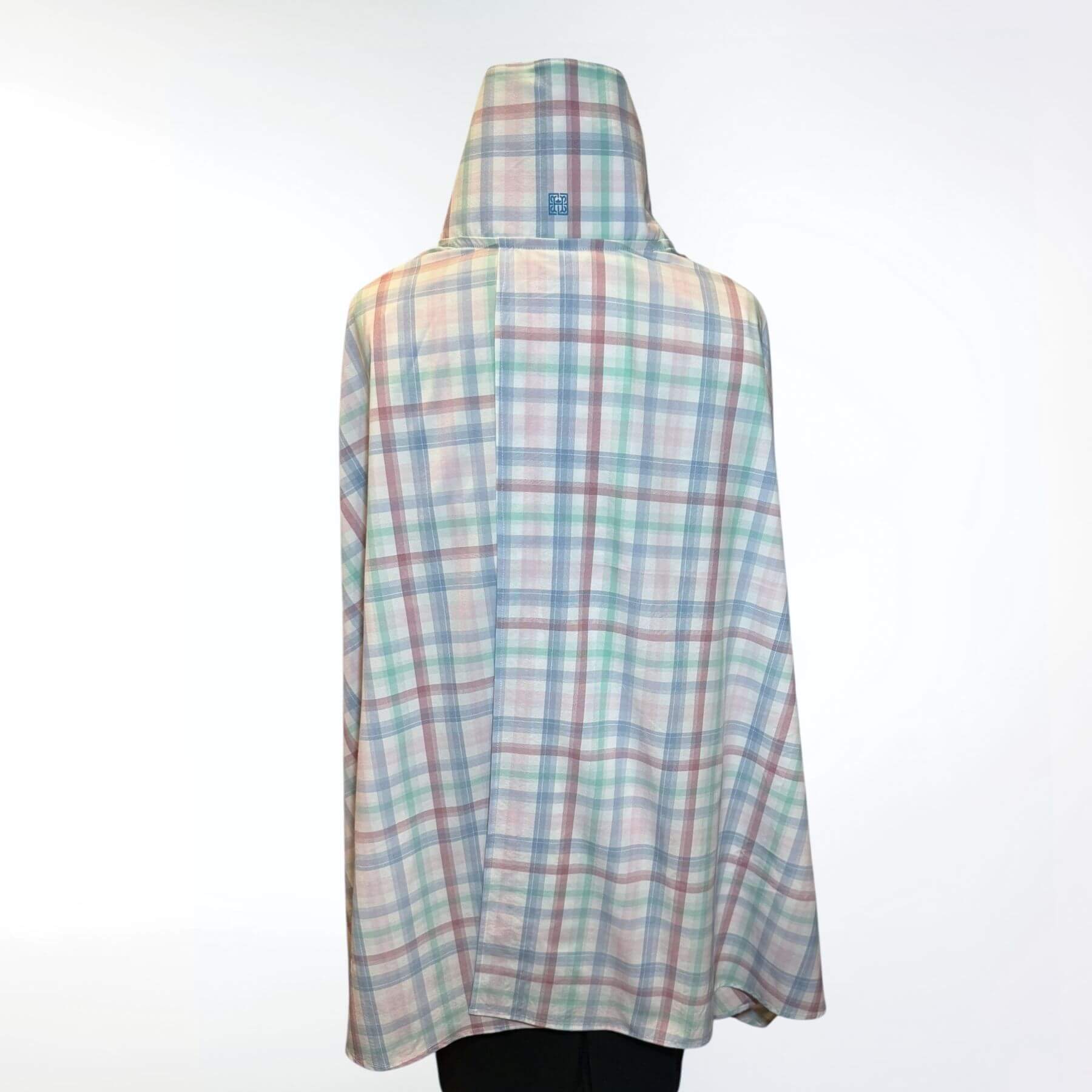 Back view of the Pastel Plaid UV Protection Shawl featuring split panel for airflow, lightweight UPF 50+ sun defense in pastel plaid.
