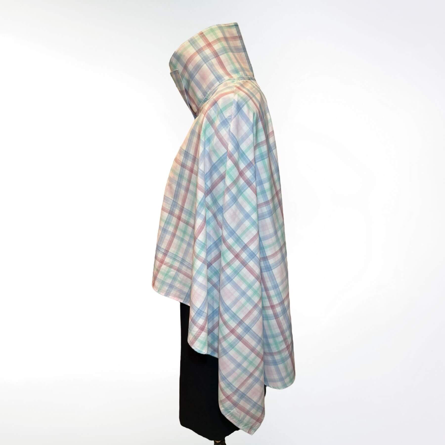 Side view of the Pastel Plaid UV Protection Shawl in lightweight pastel plaid fabric, shown on mannequin for breathable UPF 50+ sun coverage.