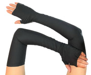 HELIADES UPF50+ sun protective full length UV arm sleeves in elegant black solid color that looks fashionable like evening gloves. Covers hands, fingerless, tagless, seamless.