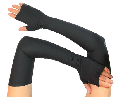 HELIADES UPF50+ sun protective full length UV arm sleeves in deep black solid color. Covers hands, fingerless, tagless, seamless, and looks fashionably elegant like evening gloves. 