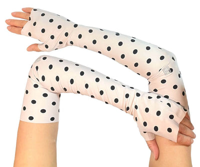 Best UPF 50 sun protective arm sleeves womens fingerless UV driving gloves in fashionable ballet pink with black polka dot print OEKO-TEX certified fabric, made in USA