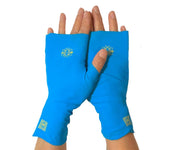 Heliades UPF 50 Sun Protective Clothing UV driving gloves in fashionable bright blue color with yellow, green limited edition trim. These hand gloves are fingerless and seamless