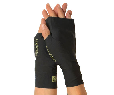 Heliades UPF 50 Sun Protective Clothing UV driving gloves in fashionable sleek black color with green yellow trim. These hand gloves are fingerless and seamless