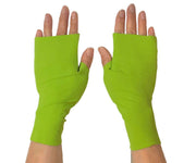 Heliades UPF 50 Sun Protective Clothing UV driving gloves in fashionable spring green color with black or limited edition yellow green trim. These hand gloves are fingerless and seamless