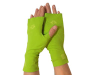 Heliades UPF 50 Sun Protective Clothing UV driving gloves in fashionable spring green color with yellow, green limited edition trim. These hand gloves are fingerless and seamless