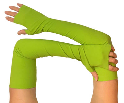 HELIADES Sun Protective Clothing, UPF 50+ full length UV arm sleeves in bright, spring green solid color. Covers hands, fingerless, tagless, seamless. 