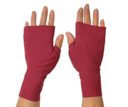 Heliades UPF 50 Sun Protective Clothing lightweight UV sun gloves in fashionable deep red color. UV sun covered hands shown front
