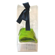 Easy, elegant DIY gift packaging kit shown fully assembled with clear cellophane bag, upcycled fabric ribbon cut from repurposed HELIADES fabric, branded clear packaging insert and two temporary tattoos. Bright Green UPF50+ Sun Protective Arm Sleeves sold separately.