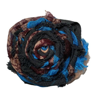Hand made fabric spirit flower hair alligator accessory clip pin made of upcycled fabric, shown charcoal gray, with recycled sari silk in bright blue and burgundy with gold