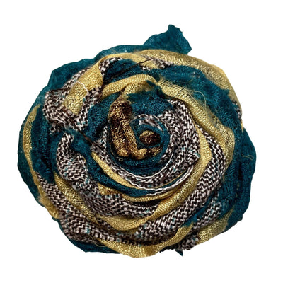 Hand made fabric spirit flower hair alligator accessory clip pin made of upcycled fabric, shown brown, white, seafoam blue, with recycled sari silk in teal and pale gold.