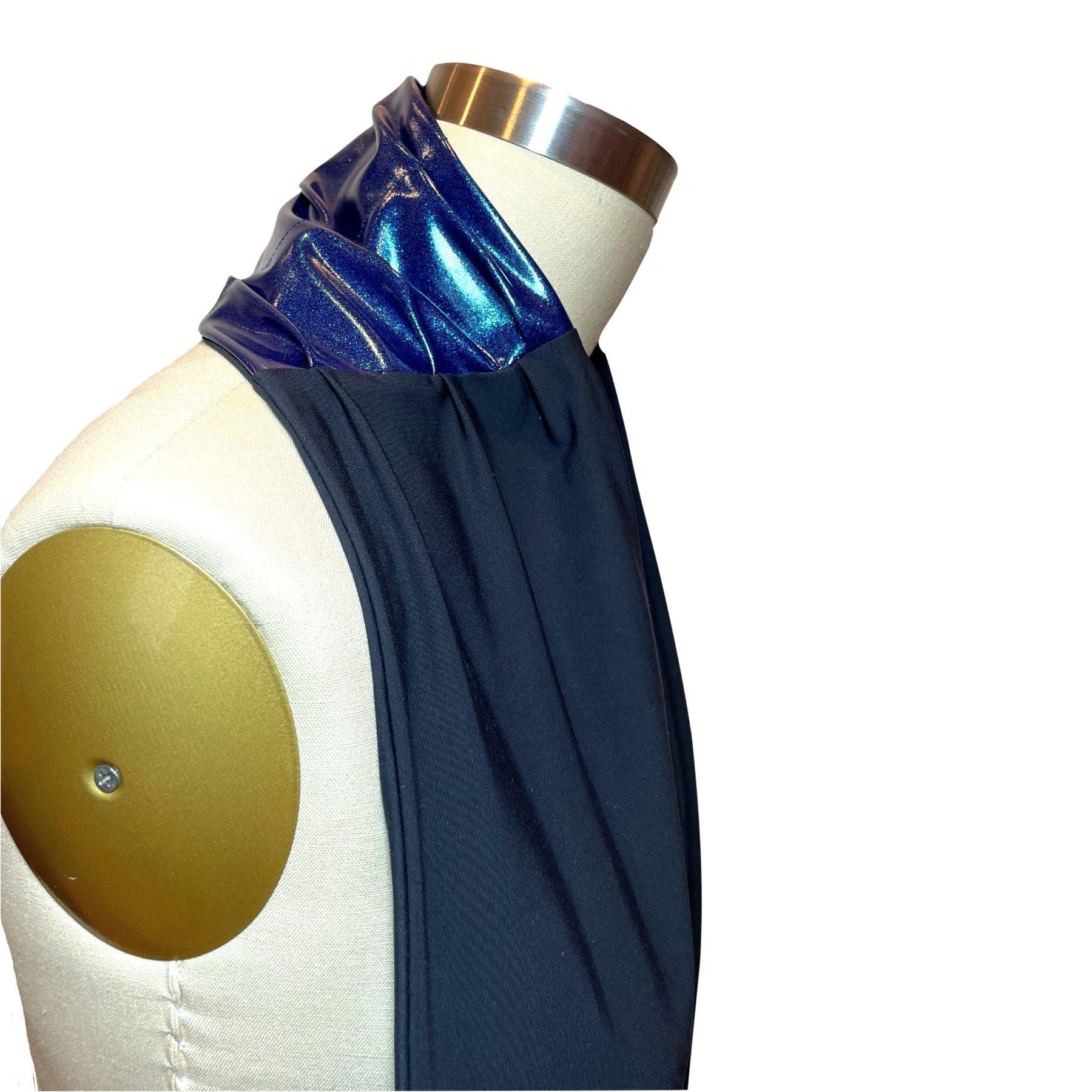 Heliades UPF 50+ Sun Protection scarf shown styled as long neck scarf, color is deep blue glitter, reversible side is black solid color.