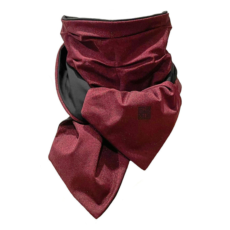 UPF50+ sun protective scarf necktie cravat for UV coverage to protect skin from sun damage. Shown Burgundy Red Sparkle with Black all UPF50+ and OEKO-TEX certified fabric.
