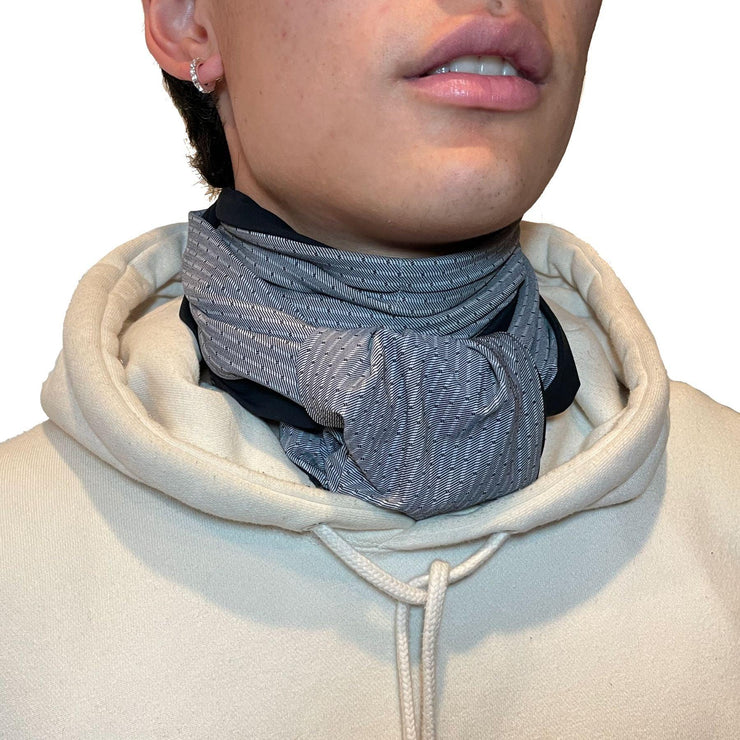 Gender neutral, unisex UPF50+ sun protection cravat, necktie, scarf in gray and black pinstripe. For UV coverage of neck, chest, décolletage
