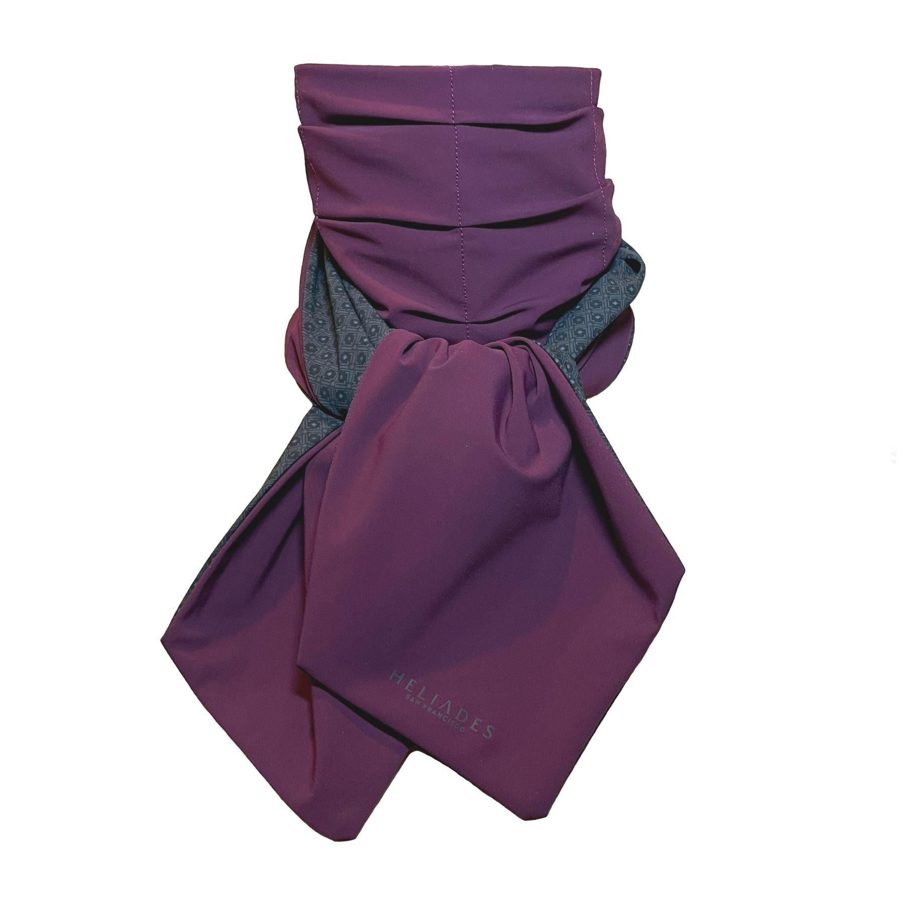 UPF 50+ Sun Protection scarf shown styled as Bridgerton Cravat Tie, color is charcoal gray rosette print and reversible side is purple eggplant color.