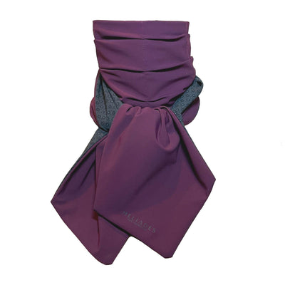 UPF 50+ Sun Protection scarf for Neck Chest decolletage UV Ray Coverage shown styled as Bridgerton Cravat Tie, color is charcoal gray rosette print and reversible side is purple eggplant color.