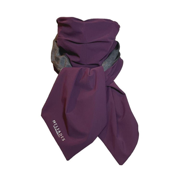 HELIADES UPF 50+ Sun Protection scarf for Neck Chest decolletage UV Ray Coverage shown styled as Bridgerton Cravat Tie, color is Gray with gold sparkles, glam rock with eggplant purple on reverse side.