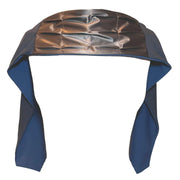 Heliades UPF 50+ Sun Protection scarf for Neck Chest decolletage UV Ray Coverage shown styled as shawl over shoulders, color is bronze metallic and black, reversible side is true navy blue solid color.
