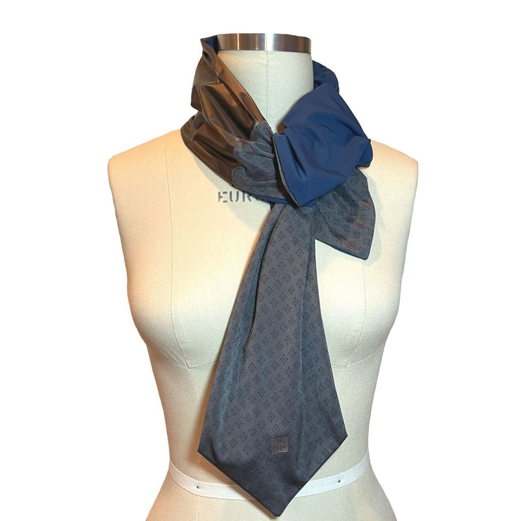 HELIADES UPF 50+ Sun Protection scarf for Neck Chest decolletage UV Ray Coverage shown styled as Bridgerton Cravat Tie, color is Metallic bronze and gray with gold sparkle print, reversible side is true navy blue color.