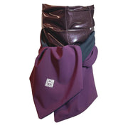 UPF 50+ Sun Protection scarf for Neck Chest decolletage UV Ray Coverage shown styled as Bridgerton Cravat Tie, color is orchid glitter glam rock with eggplant purple and solid black on reverse side.
