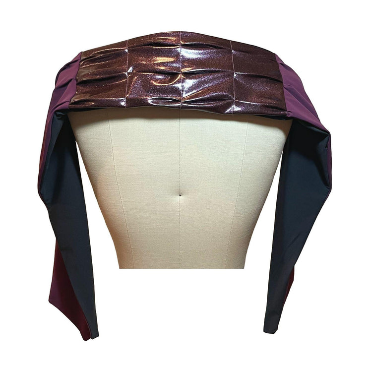 UPF 50+ Sun Protection scarf for Neck Chest decolletage UV Ray Coverage shown styled as shawl over shoulders, color is orchid glitter glam rock with eggplant purple and solid black on reverse side.