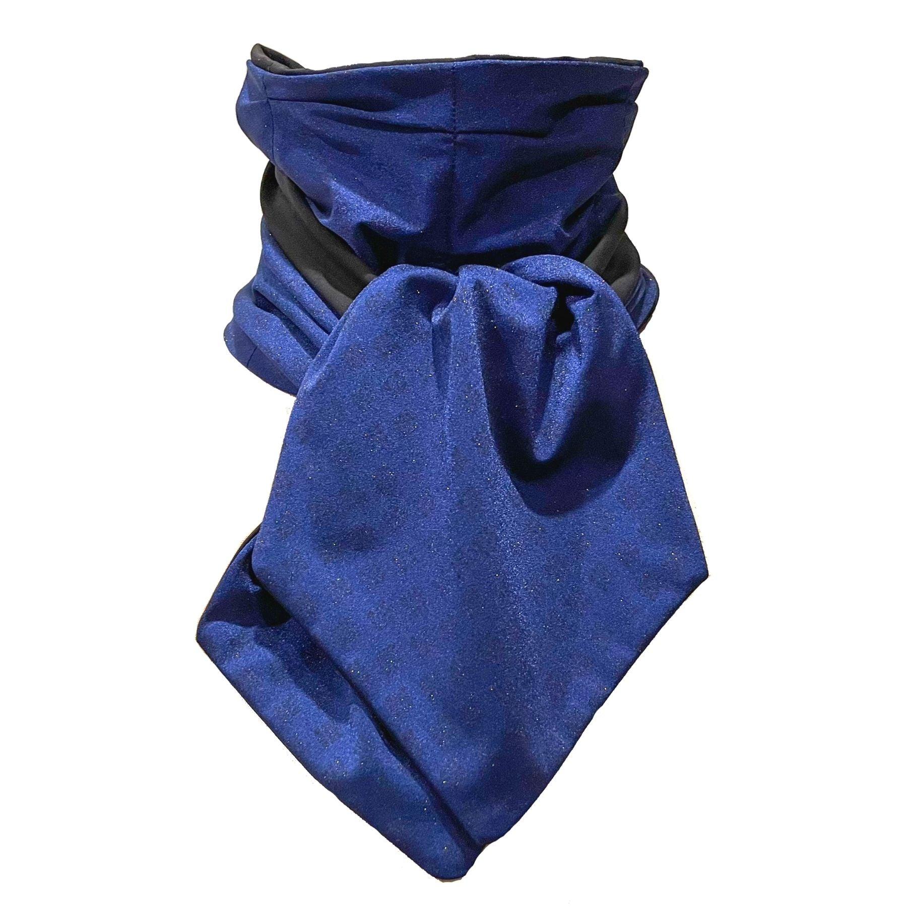 UPF 50+ Sun Protection scarf in sapphire blue with gold sparkle pattern, reversible side is solid black.