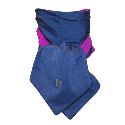 HELIADES UPF 50+ Sun Protection scarf for Neck Chest decolletage UV Ray Coverage shown styled as Bridgerton Cravat Tie, color is sapphire blue with gold sparkles and reversible side is pink fuchsia color.