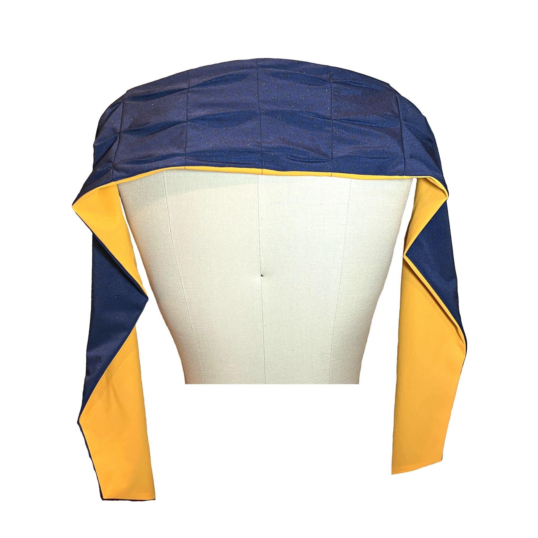 UPF 50+ Sun Protection scarf shown in marigold orange with reversible side in sapphire blue with gold sparkle