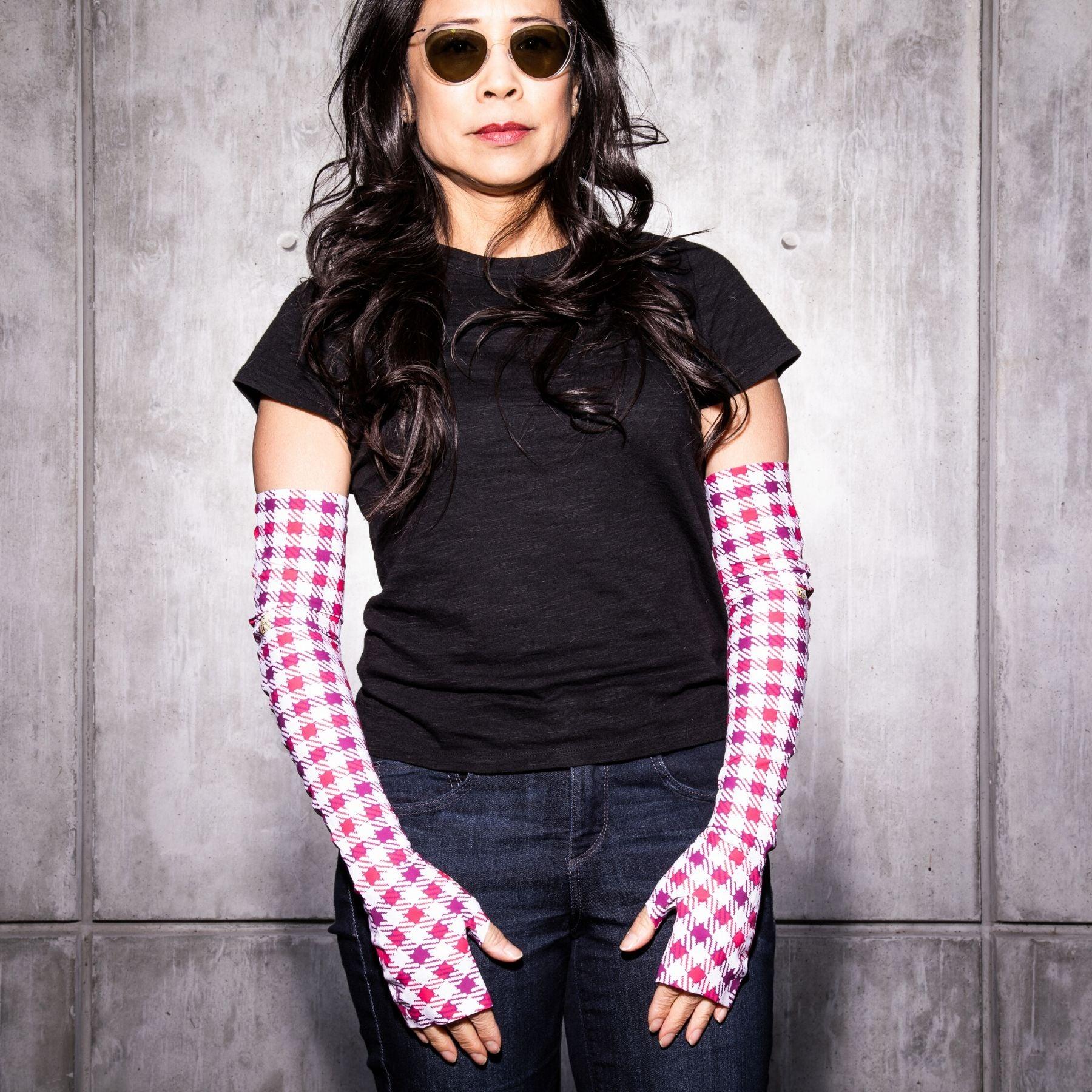 Best UPF 50 sun protective arm sleeves womens fingerless UV driving gloves in Coigach District Plum plaid print OEKO-TEX certified fabric, made in USA