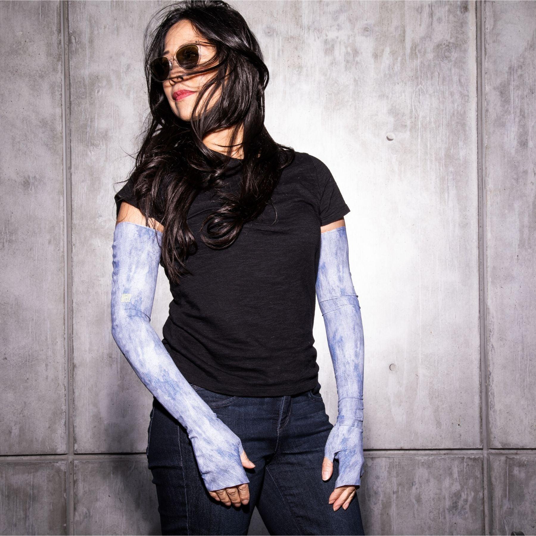 Best UPF 50 sun protective arm sleeves womens fingerless UV driving gloves in denim blue print OEKO-TEX certified fabric, made in USA
