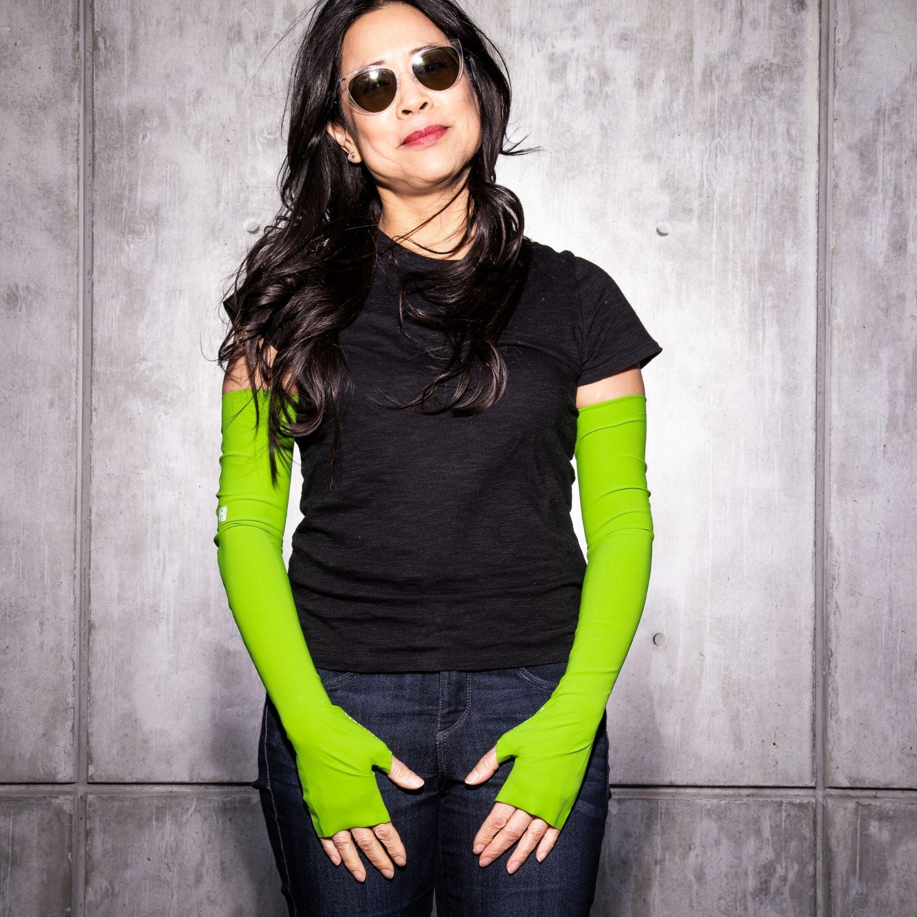 Best UPF 50 sun protective arm sleeves womens fingerless UV driving gloves in green OEKO-TEX certified fabric, made in USA