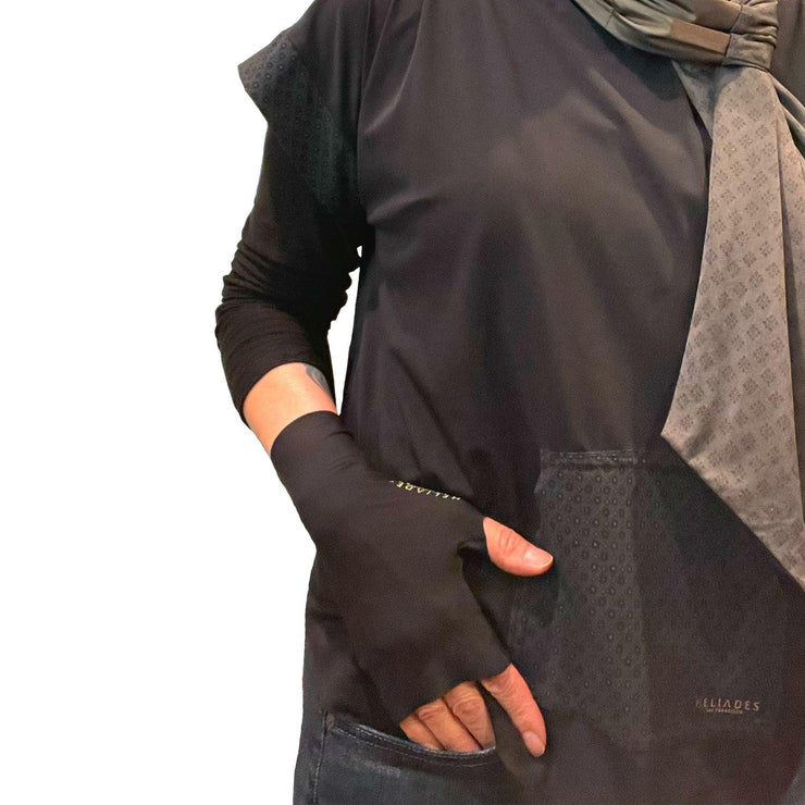HELIADES UPF50+ sun protective gloves in black cat black solid color. Fingerless, tagless, seamless. UPF 50+ sun protective black hoodie and gray with gold sparkle cravat. All fabric 98% UV blocking and OEKO-TEX certified.