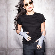 Best UPF 50 sun protective womens fingerless sun gloves, denim blue print UV driving gloves, made in USA